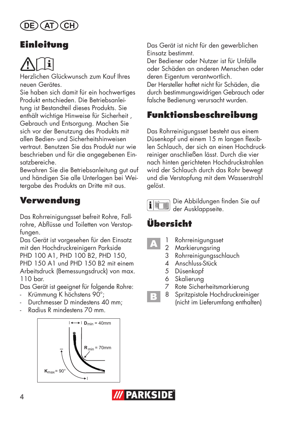 Buchcb1_rrs_78962, Einleitung, Verwendung | Funktionsbeschreibung, Übersicht, De at ch | Parkside Pipe Cleaning Set User Manual | Page 4 / 30