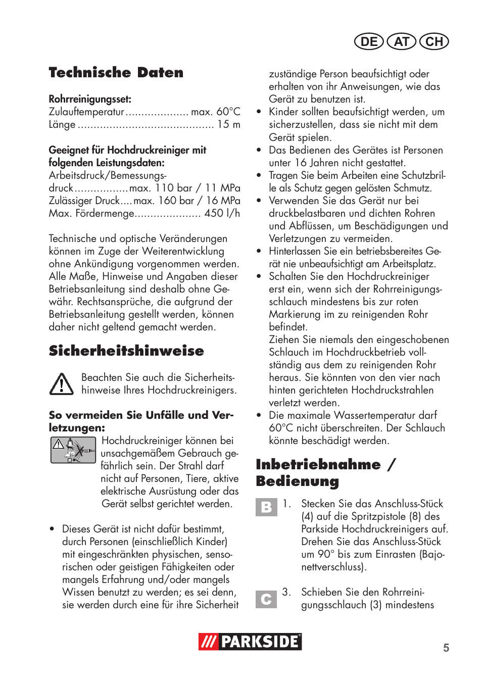 Technische daten, Sicherheitshinweise, Inbetriebnahme / bedienung | De at ch | Parkside Pipe Cleaning Set User Manual | Page 5 / 30