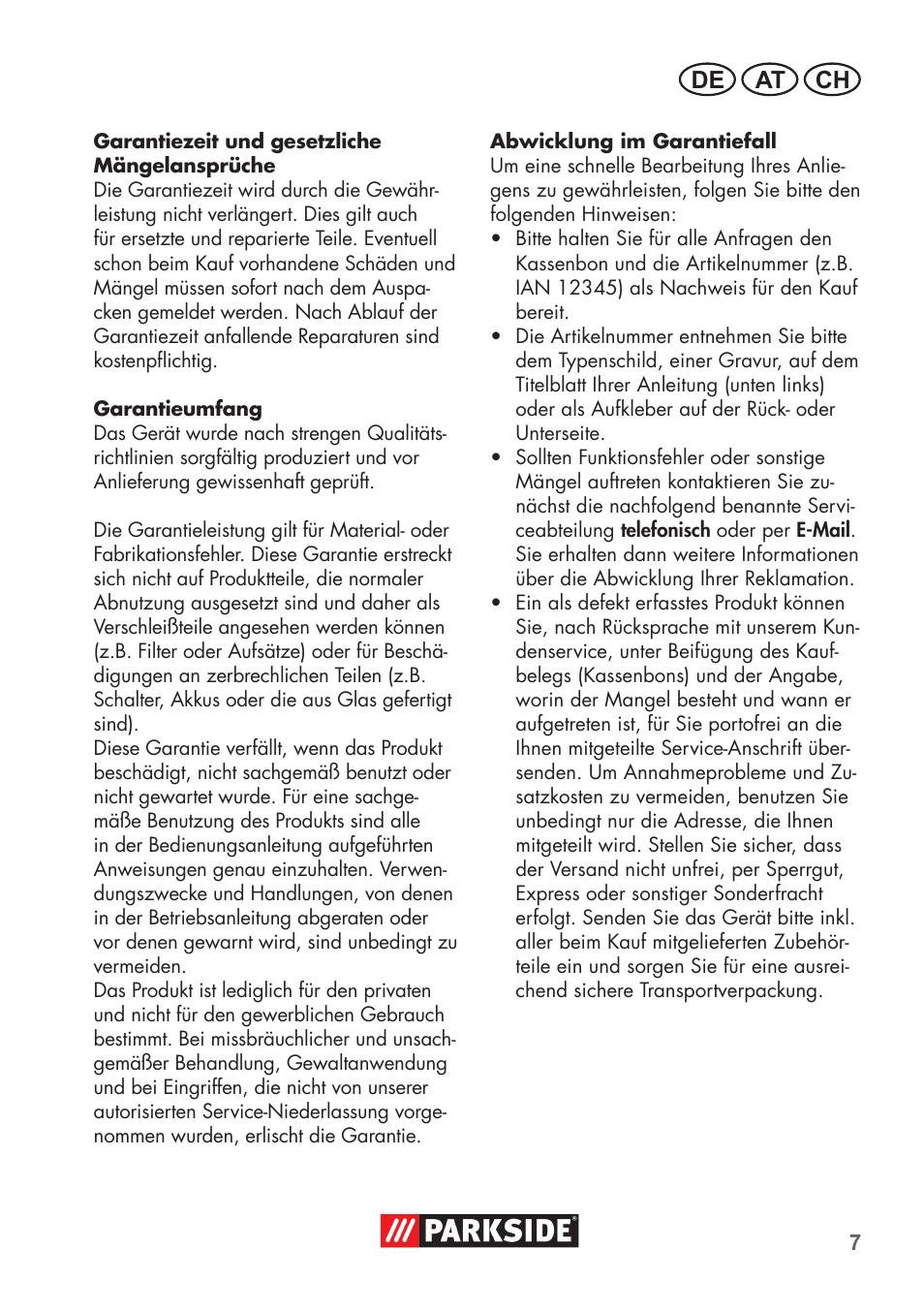 De at ch | Parkside Pipe Cleaning Set User Manual | Page 7 / 30