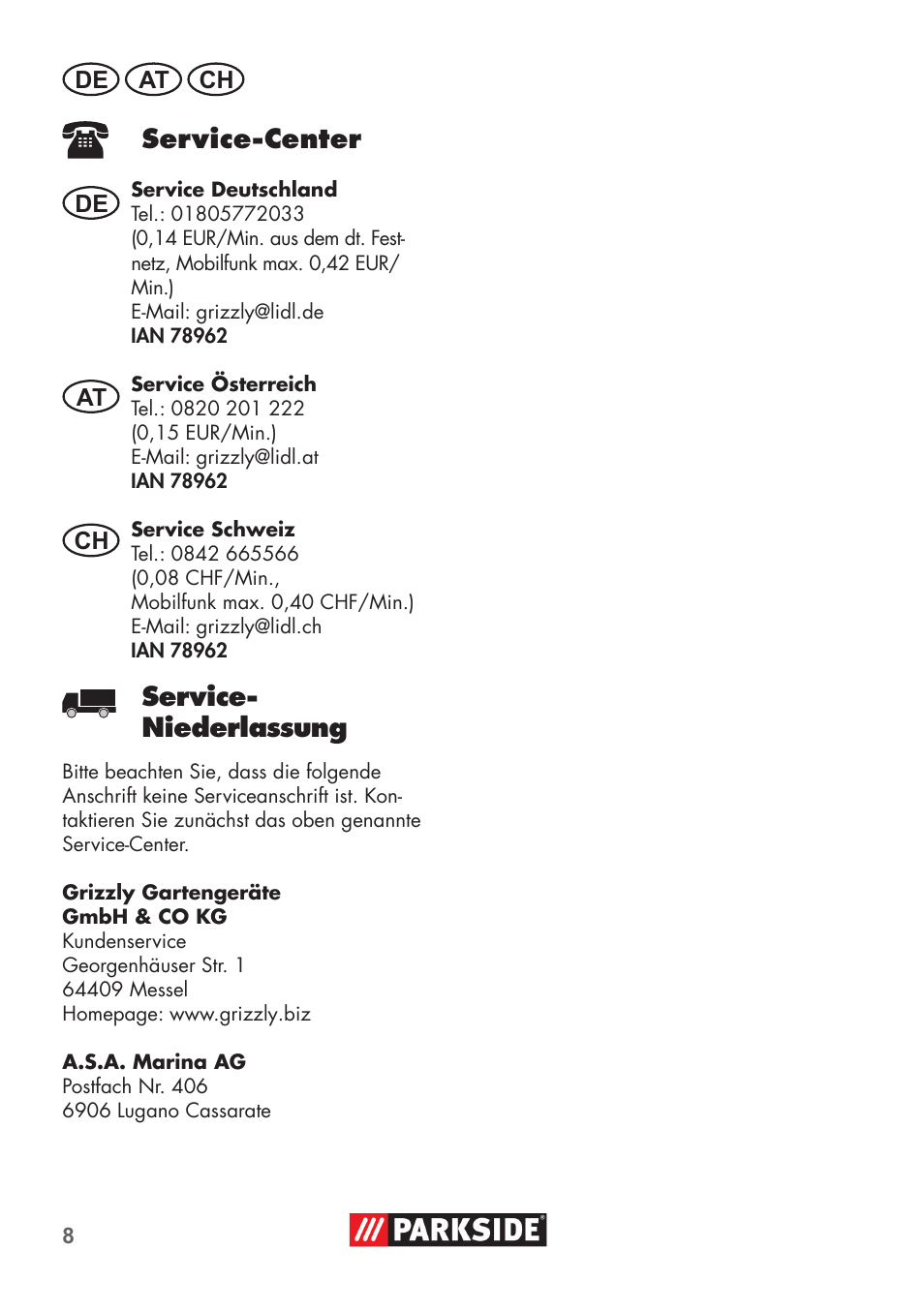 Service-center, Service- niederlassung | Parkside Pipe Cleaning Set User Manual | Page 8 / 30