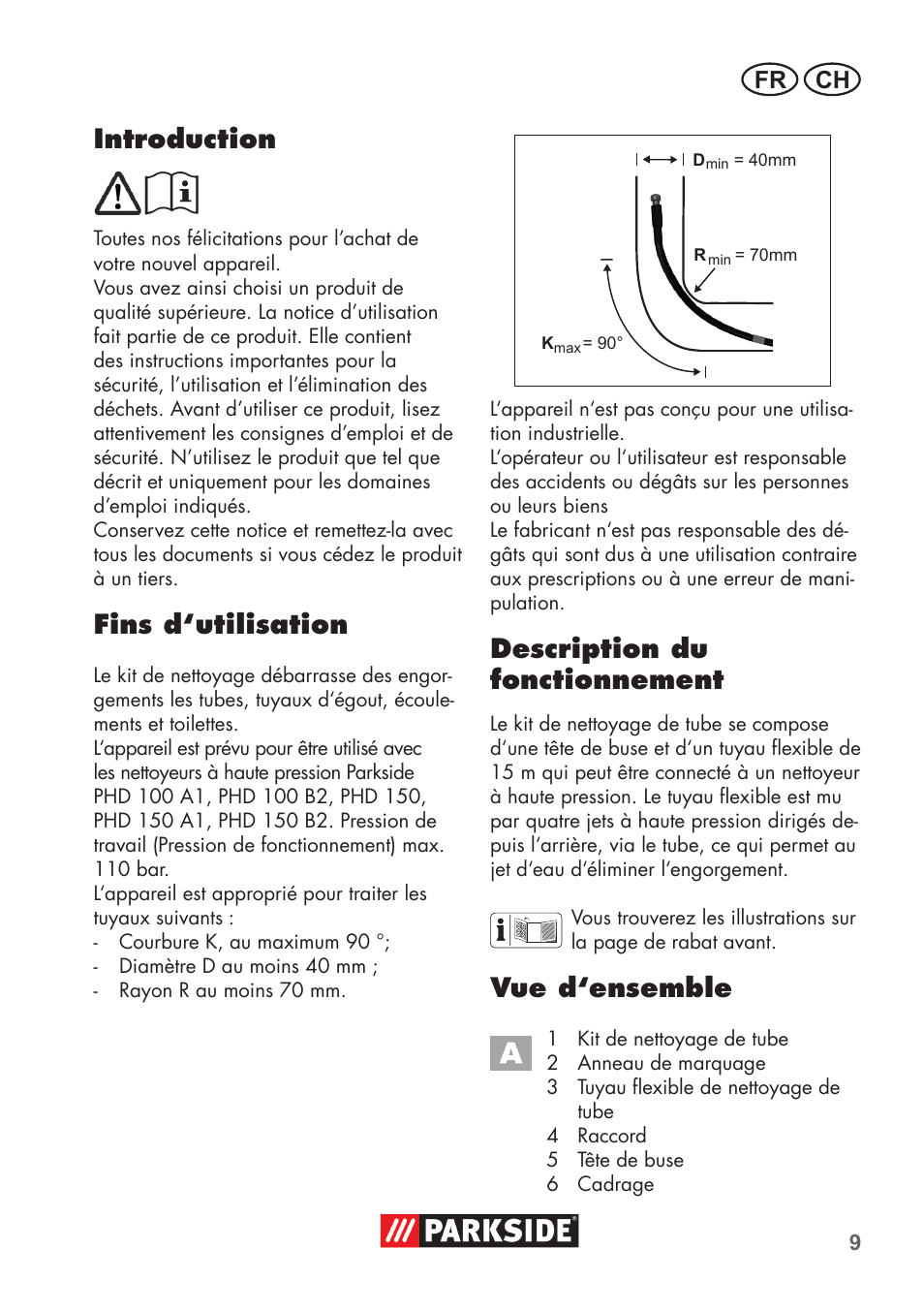 Introduction, Fins d‘utilisation, Description du fonctionnement | Vue d‘ensemble, Fr ch | Parkside Pipe Cleaning Set User Manual | Page 9 / 30