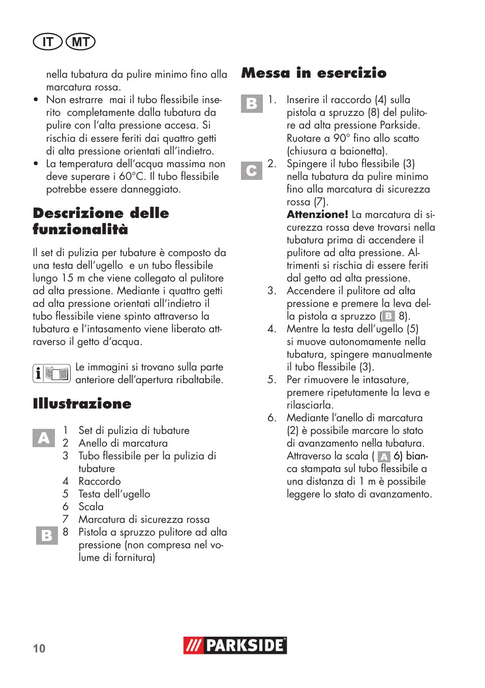 Descrizione delle funzionalità, Illustrazione, Messa in esercizio | It mt | Parkside Pipe Cleaning Set User Manual | Page 10 / 30