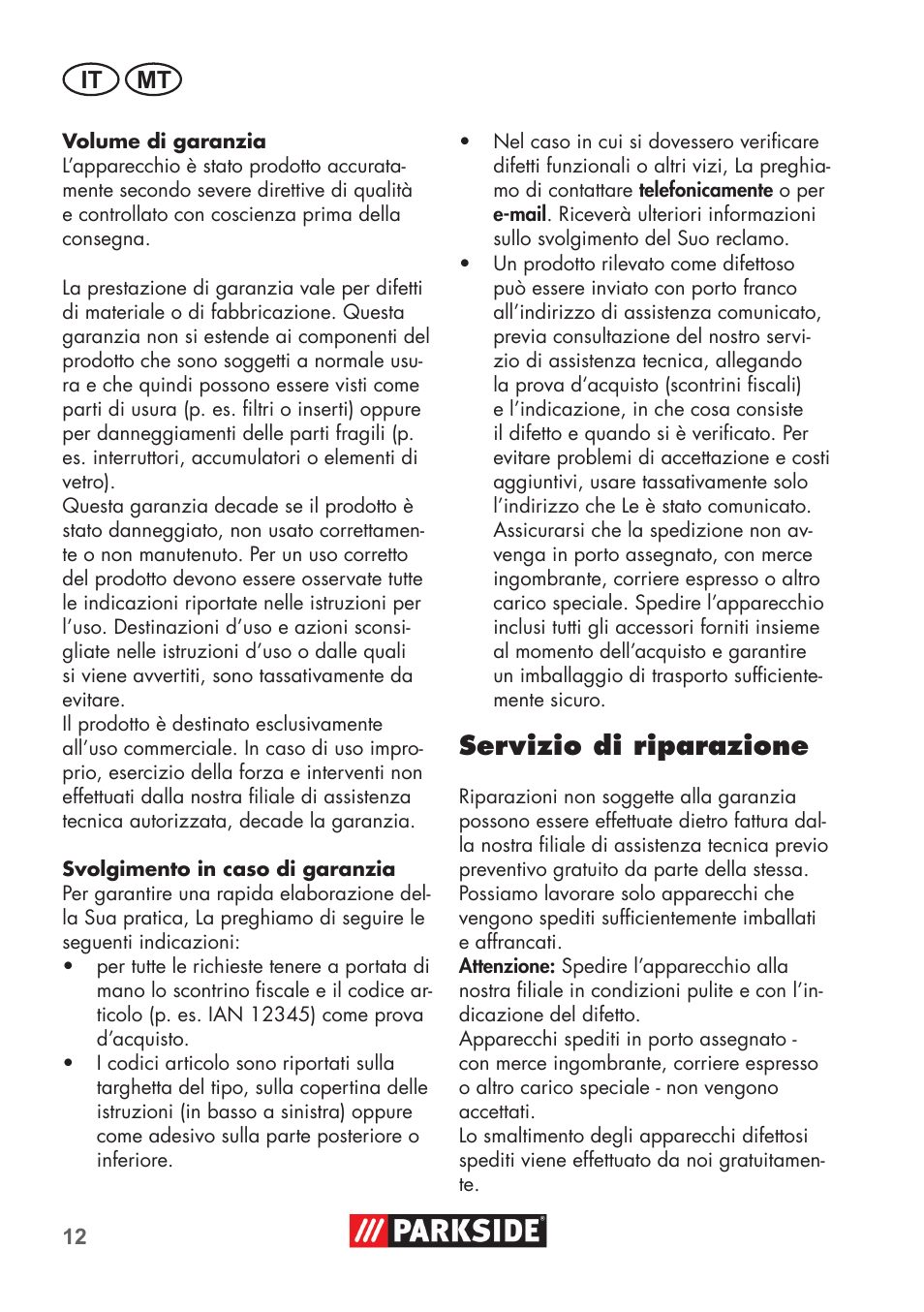 Servizio di riparazione, It mt | Parkside Pipe Cleaning Set User Manual | Page 12 / 30