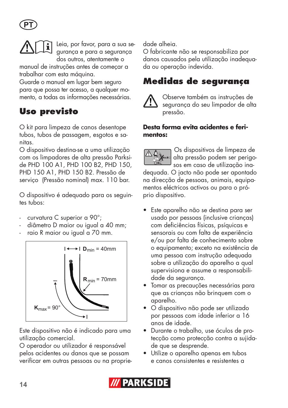 Uso previsto, Medidas de segurança | Parkside Pipe Cleaning Set User Manual | Page 14 / 30