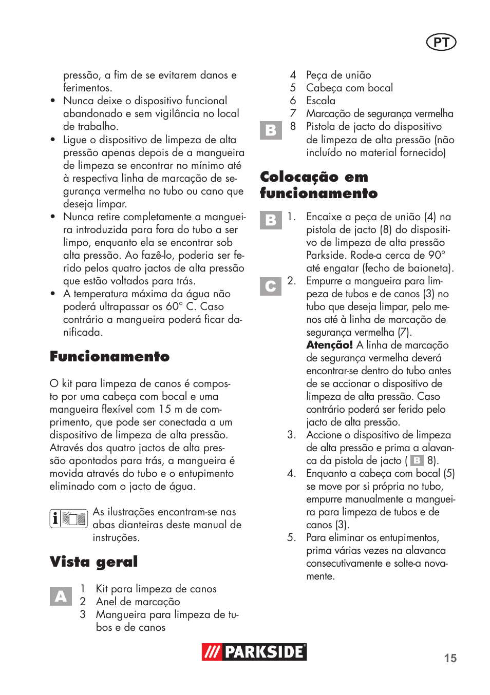 Funcionamento, Vista geral, Colocação em funcionamento | Parkside Pipe Cleaning Set User Manual | Page 15 / 30