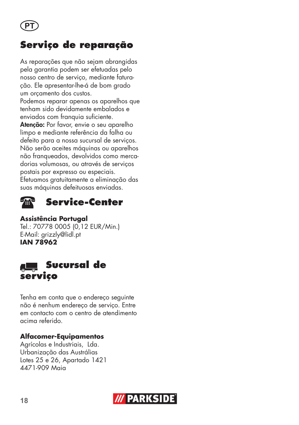 Serviço de reparação, Service-center, Sucursal de serviço | Parkside Pipe Cleaning Set User Manual | Page 18 / 30