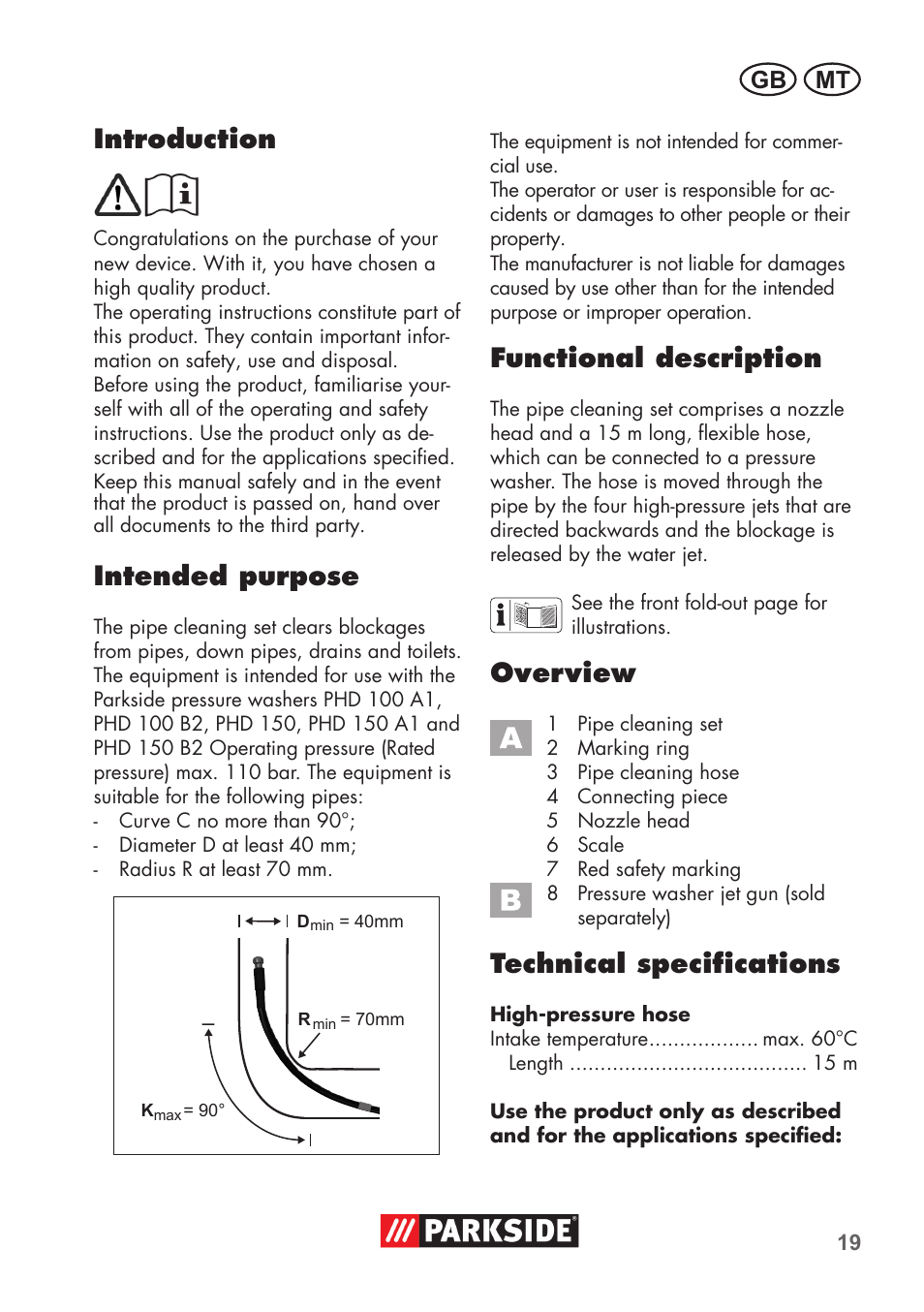 Introduction, Intended purpose, Functional description | Overview, Technical specifications, Mt gb | Parkside Pipe Cleaning Set User Manual | Page 19 / 30