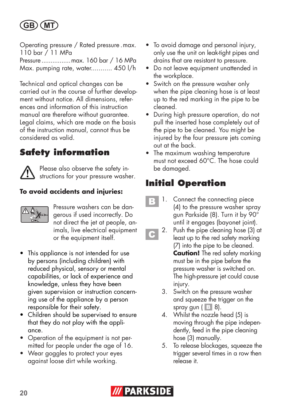 Safety information, Initial operation, Gb mt | Parkside Pipe Cleaning Set User Manual | Page 20 / 30