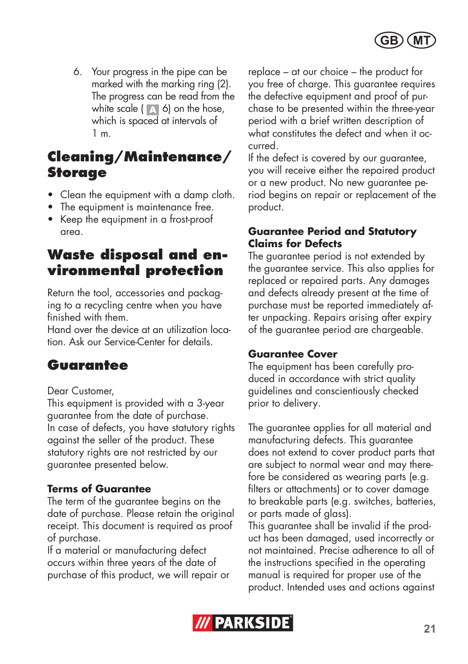 Cleaning/maintenance/ storage, Waste disposal and en- vironmental protection, Guarantee | Parkside Pipe Cleaning Set User Manual | Page 21 / 30