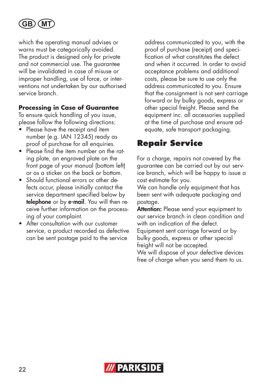 Repair service, Gb mt | Parkside Pipe Cleaning Set User Manual | Page 22 / 30