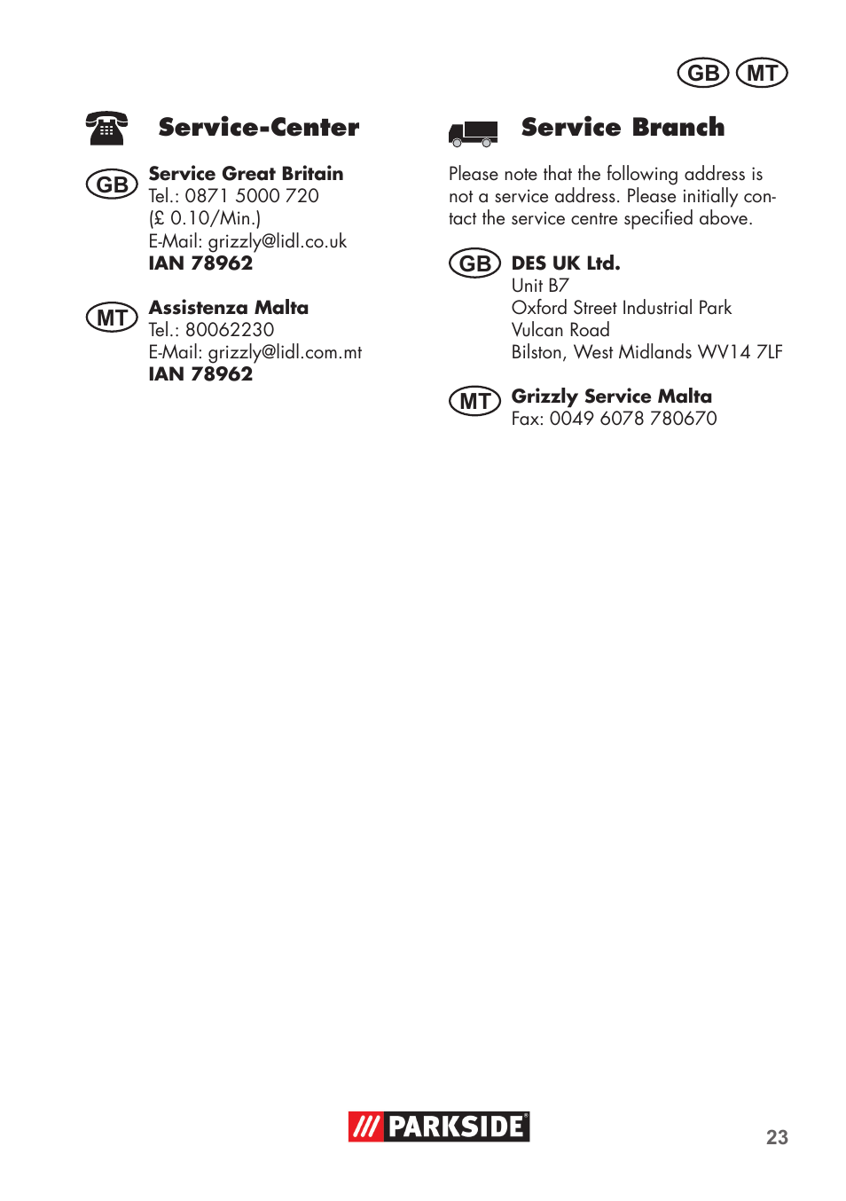 Service-center, Service branch | Parkside Pipe Cleaning Set User Manual | Page 23 / 30