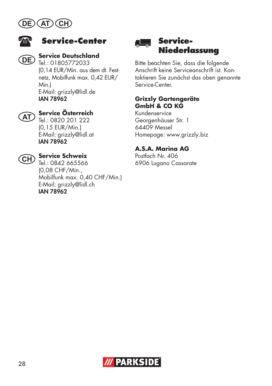 Service-center, Service- niederlassung | Parkside Pipe Cleaning Set User Manual | Page 28 / 30