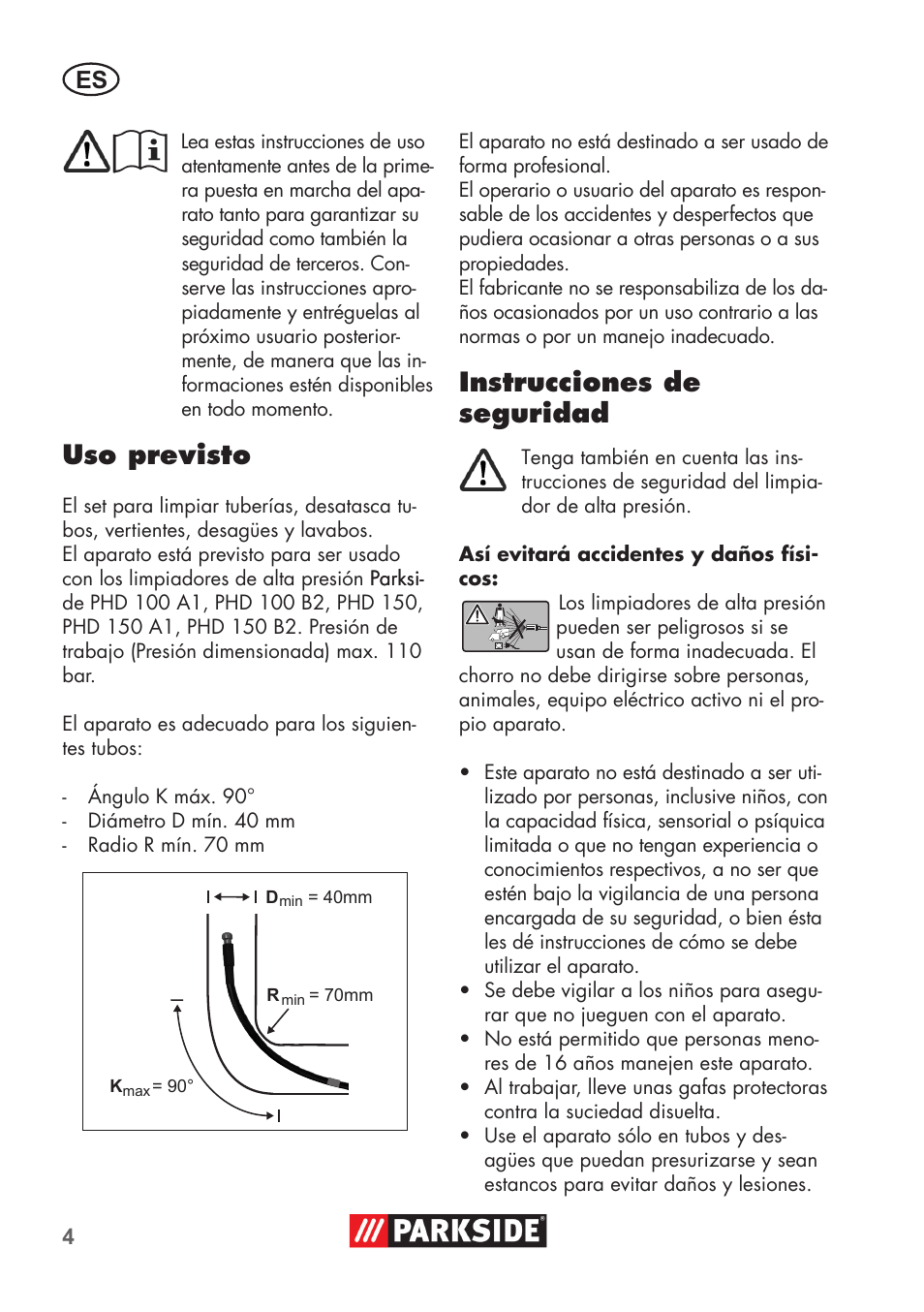 Buchcb5_rrs_78962, Uso previsto, Instrucciones de seguridad | Parkside Pipe Cleaning Set User Manual | Page 4 / 30
