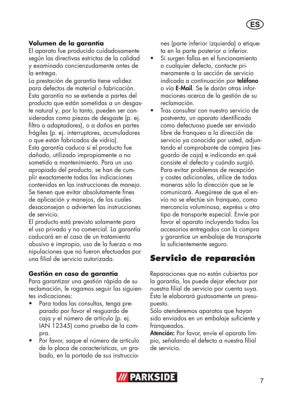 Servicio de reparación | Parkside Pipe Cleaning Set User Manual | Page 7 / 30