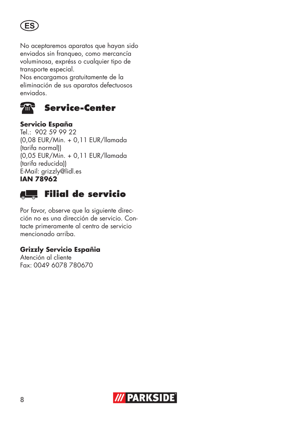 Service-center, Filial de servicio | Parkside Pipe Cleaning Set User Manual | Page 8 / 30
