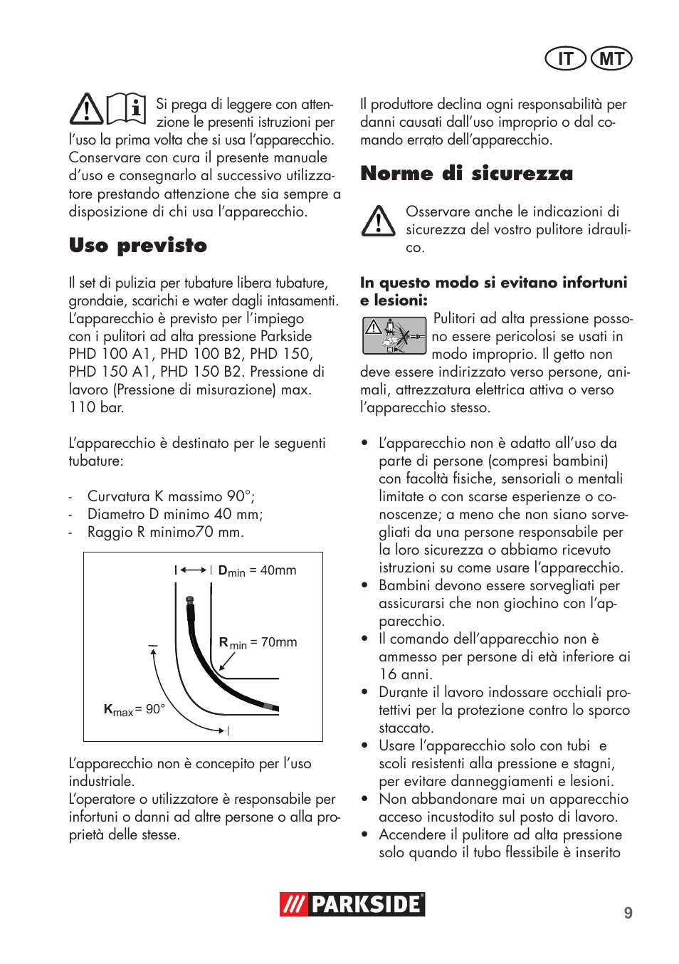Uso previsto, Norme di sicurezza, It mt | Parkside Pipe Cleaning Set User Manual | Page 9 / 30
