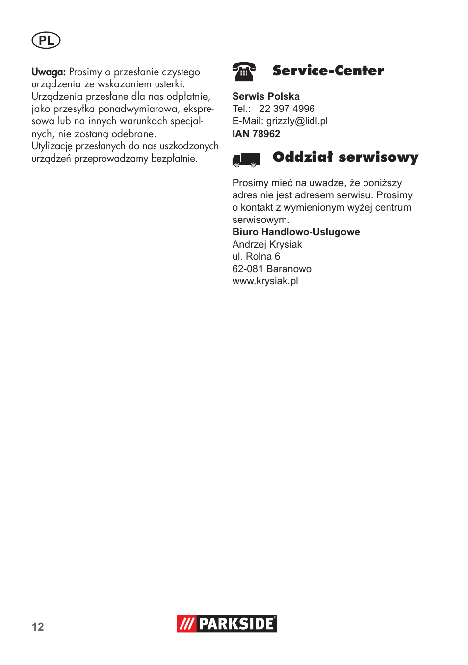 Service-center, Oddział serwisowy | Parkside Pipe Cleaning Set User Manual | Page 12 / 38