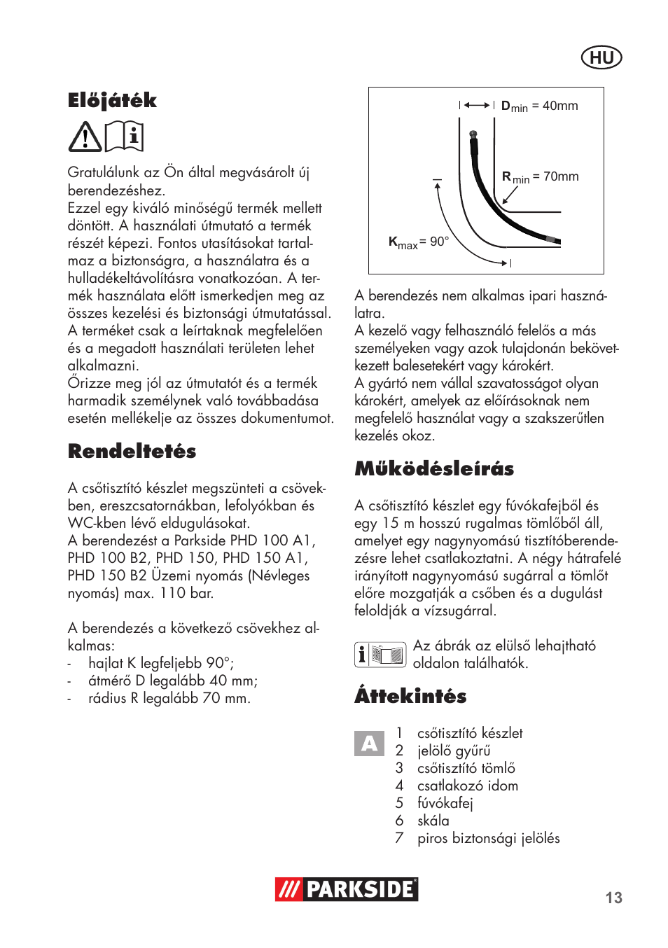 Előjáték, Rendeltetés, Működésleírás | Áttekintés | Parkside Pipe Cleaning Set User Manual | Page 13 / 38