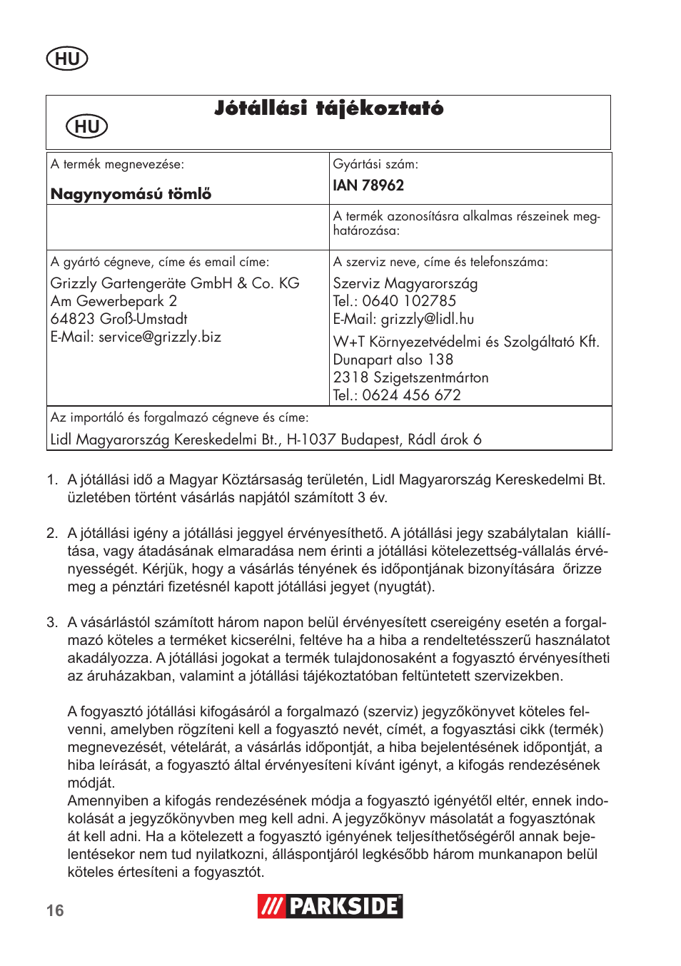 Jótállási tájékoztató | Parkside Pipe Cleaning Set User Manual | Page 16 / 38