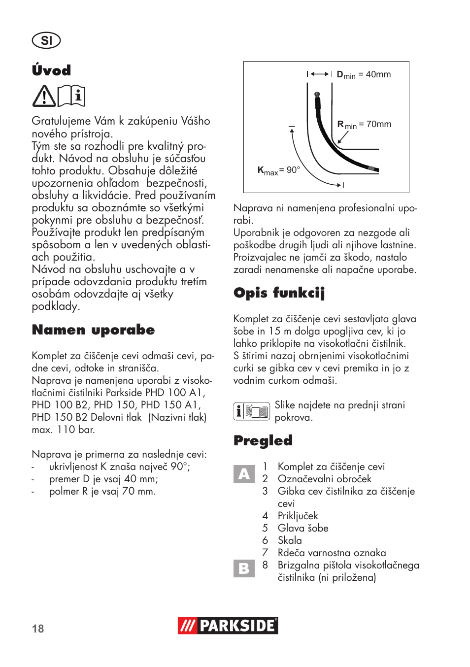 Úvod, Namen uporabe, Opis funkcij | Pregled | Parkside Pipe Cleaning Set User Manual | Page 18 / 38