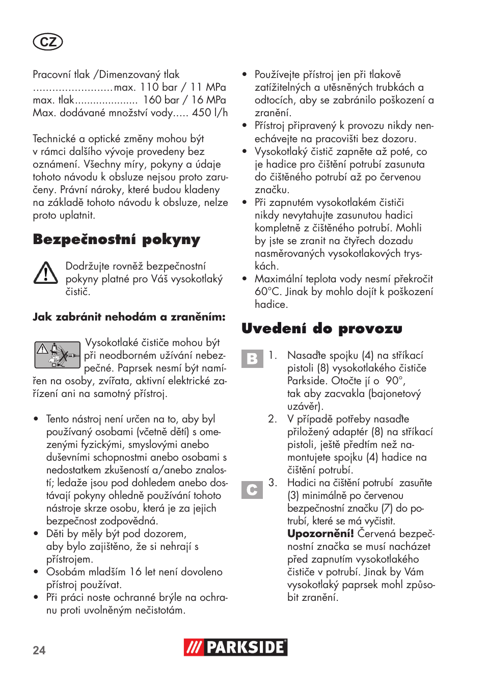 Bezpečnostní pokyny, Uvedení do provozu | Parkside Pipe Cleaning Set User Manual | Page 24 / 38