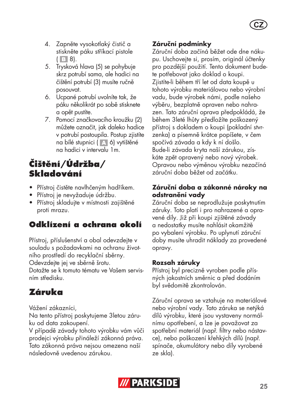 Čištění/údržba/ skladování, Záruka, Odklízení a ochrana okolí | Parkside Pipe Cleaning Set User Manual | Page 25 / 38