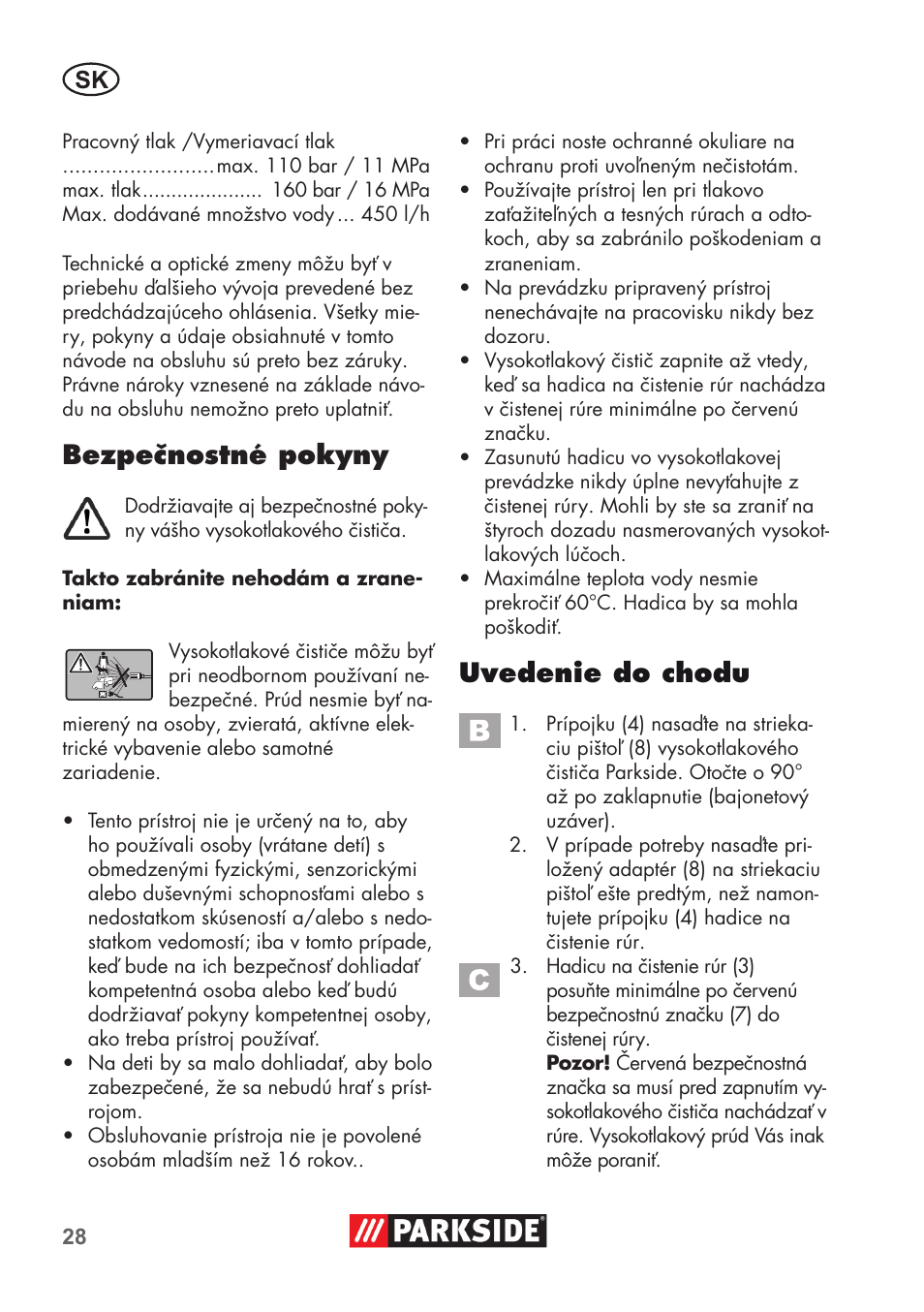 Bezpečnostné pokyny, Uvedenie do chodu | Parkside Pipe Cleaning Set User Manual | Page 28 / 38