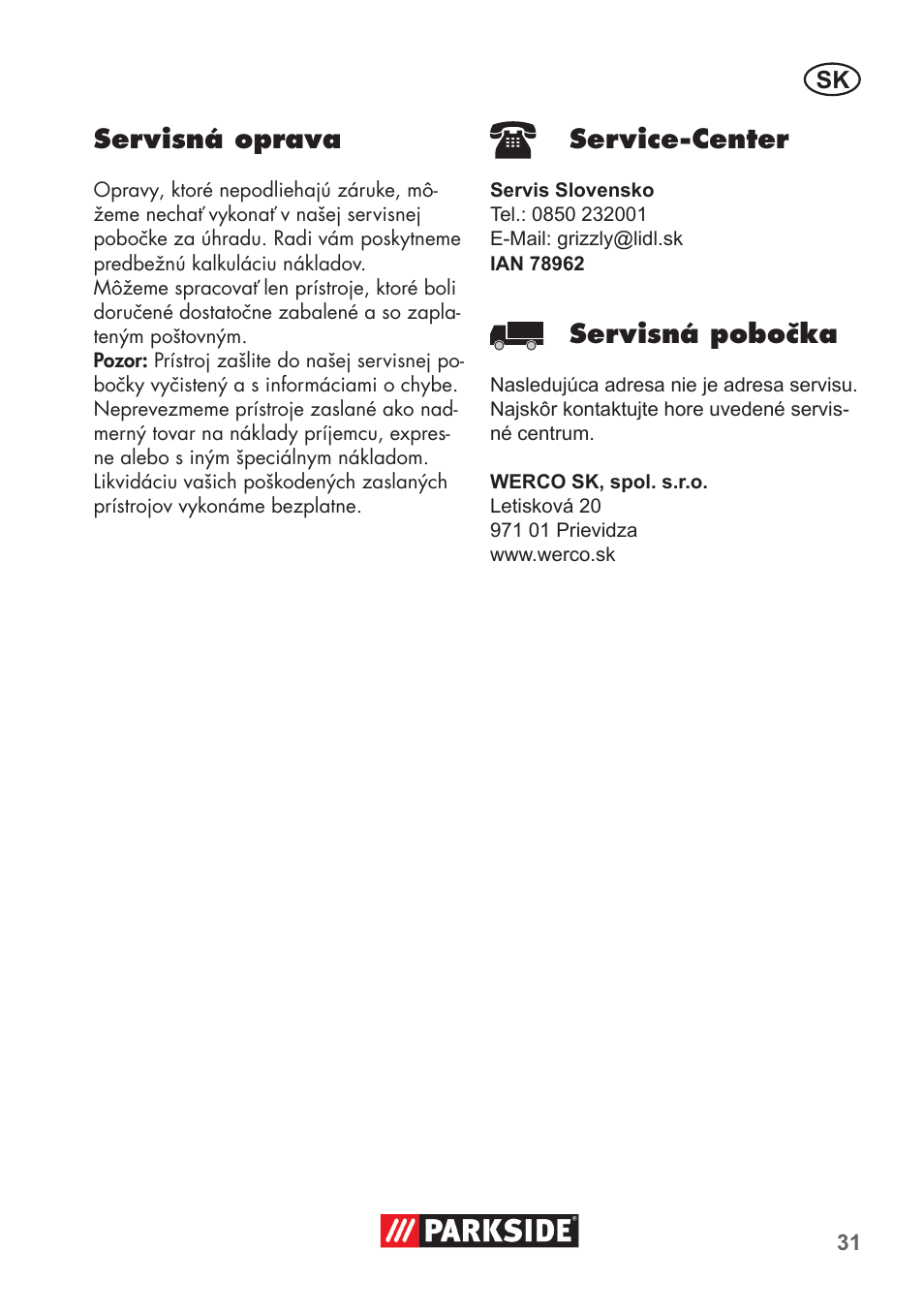 Servisná oprava, Service-center, Servisná pobočka | Parkside Pipe Cleaning Set User Manual | Page 31 / 38