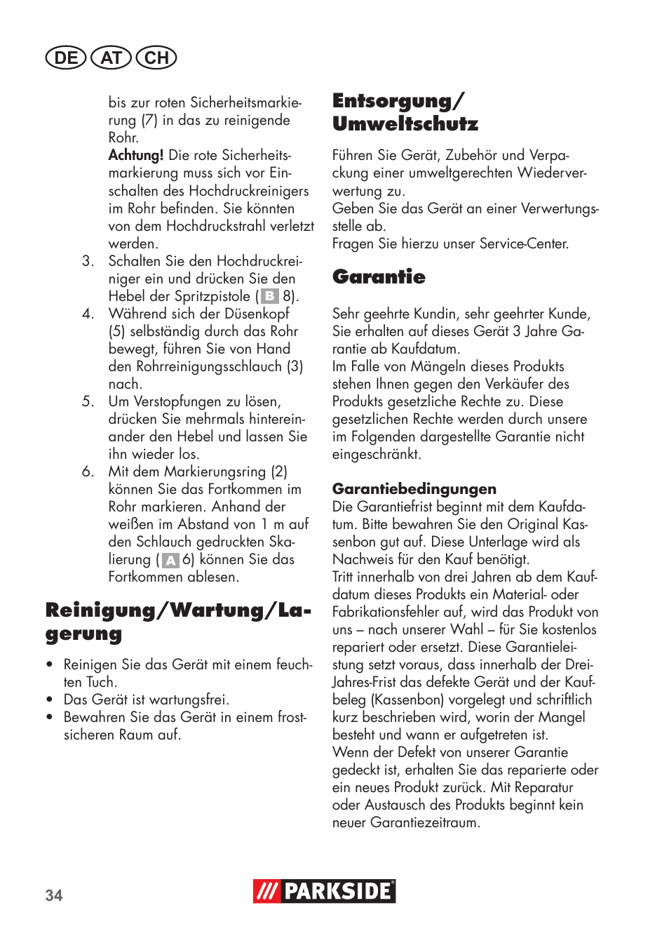 Reinigung/wartung/la- gerung, Entsorgung/ umweltschutz, Garantie | De at ch | Parkside Pipe Cleaning Set User Manual | Page 34 / 38