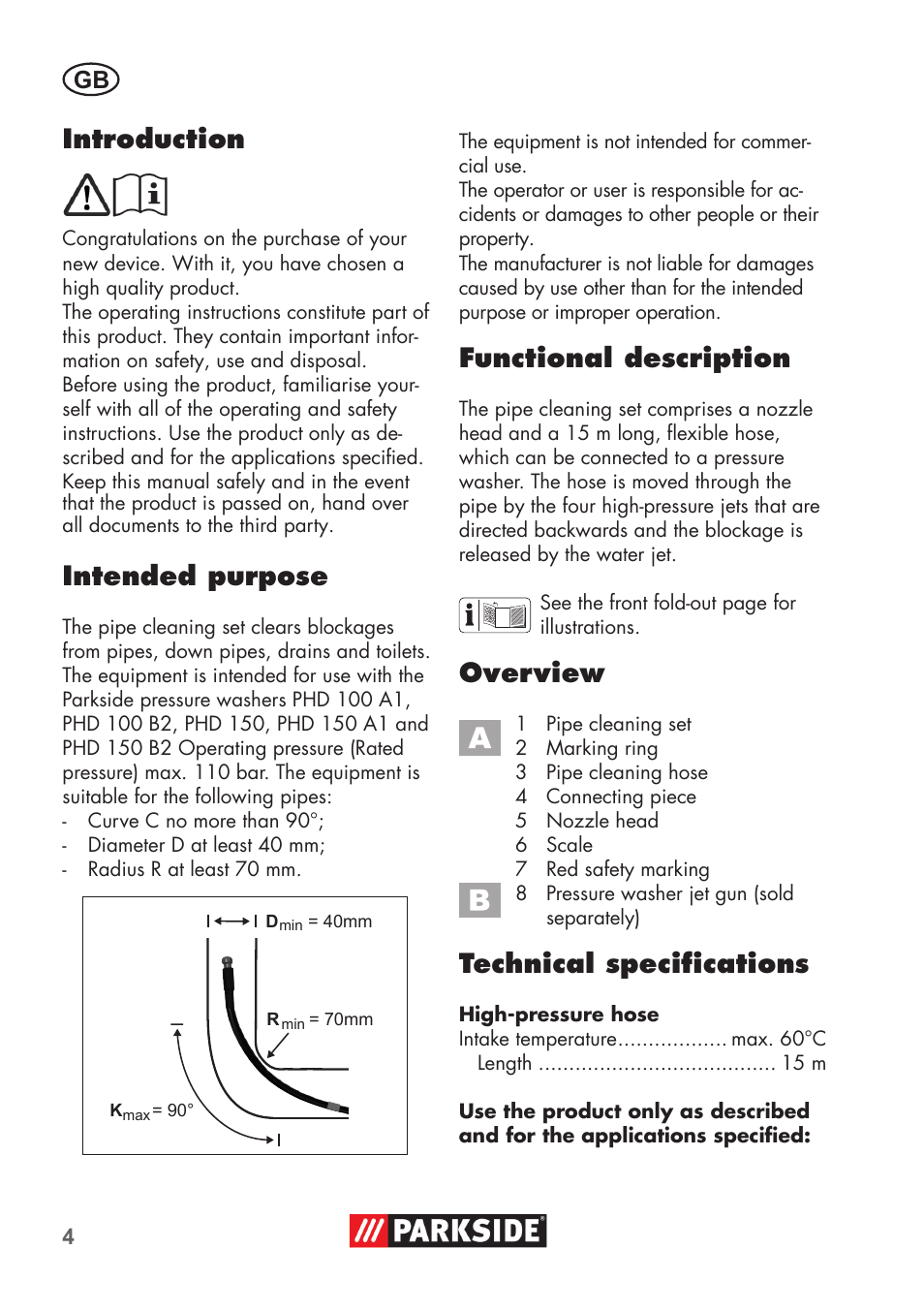 Buchcb4_rrs_78962, Introduction, Intended purpose | Functional description, Overview, Technical specifications | Parkside Pipe Cleaning Set User Manual | Page 4 / 38