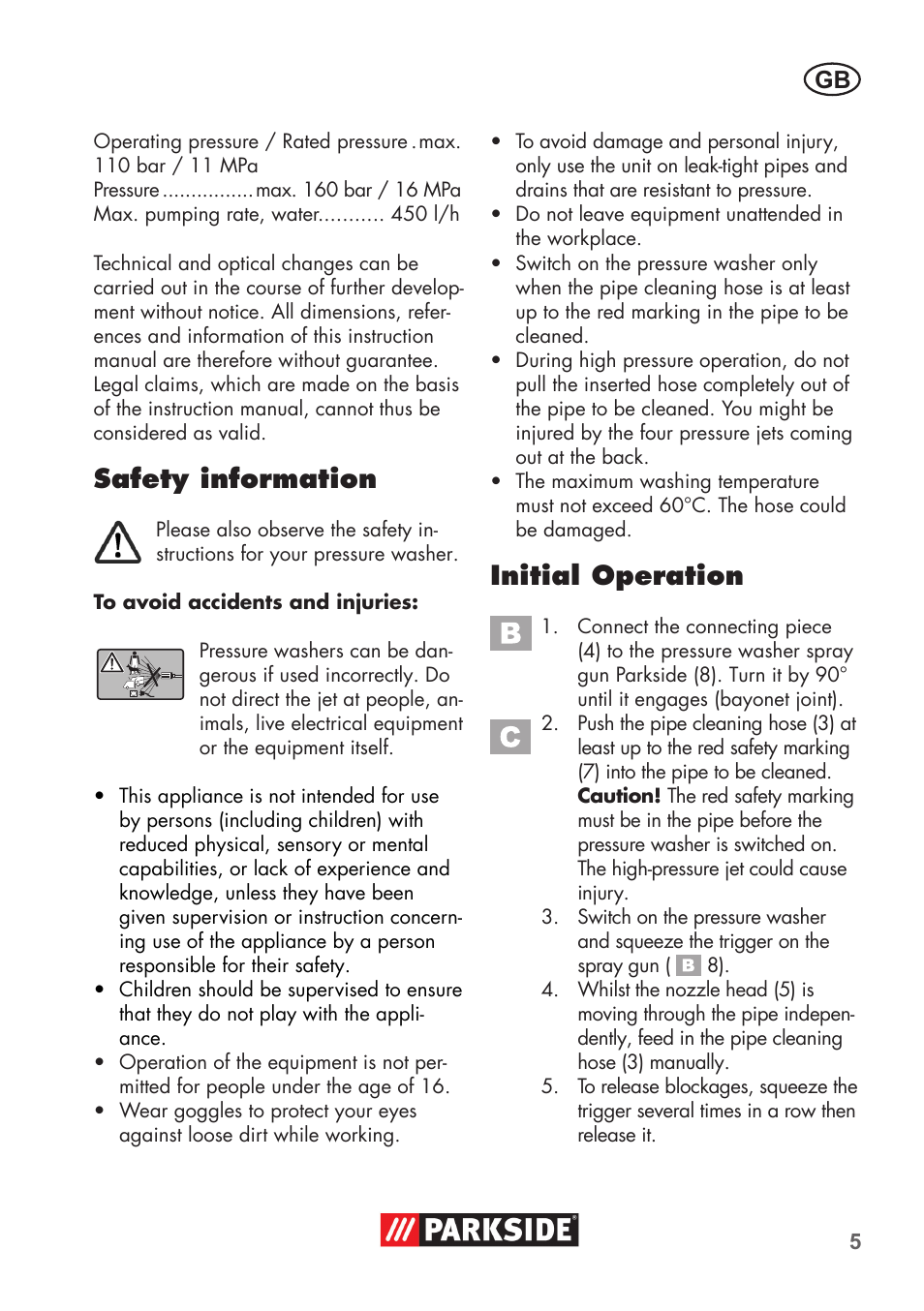 Safety information, Initial operation | Parkside Pipe Cleaning Set User Manual | Page 5 / 38