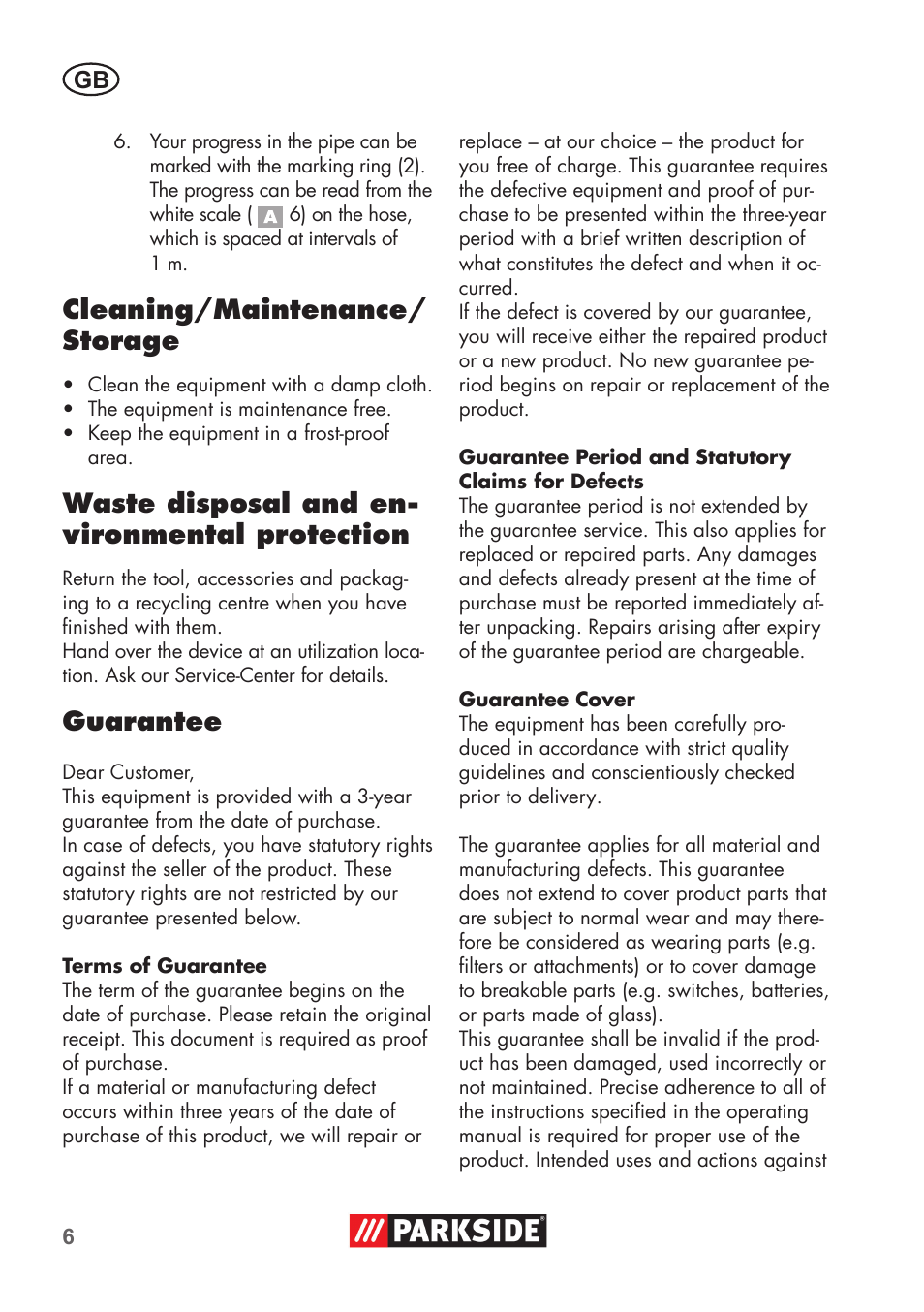 Cleaning/maintenance/ storage, Waste disposal and en- vironmental protection, Guarantee | Parkside Pipe Cleaning Set User Manual | Page 6 / 38