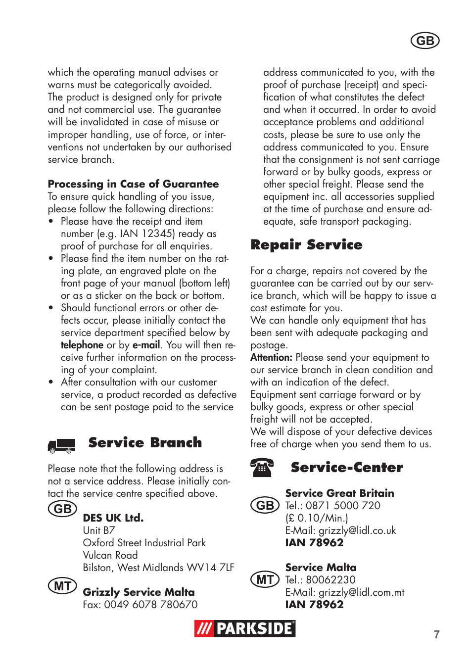 Repair service, Service-center, Service branch | Parkside Pipe Cleaning Set User Manual | Page 7 / 38