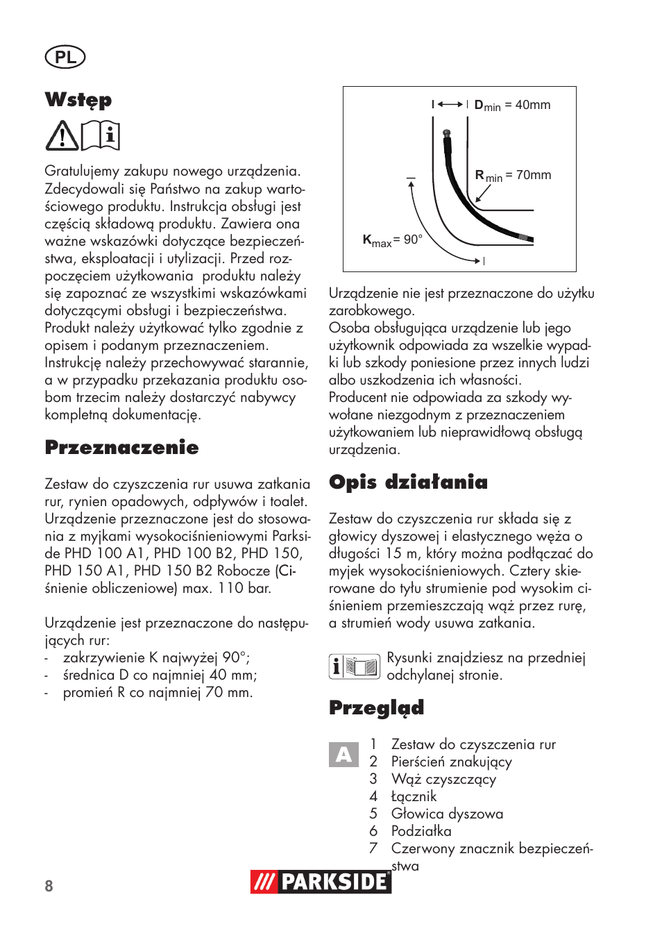 Wstęp, Przeznaczenie, Opis działania | Przegląd | Parkside Pipe Cleaning Set User Manual | Page 8 / 38