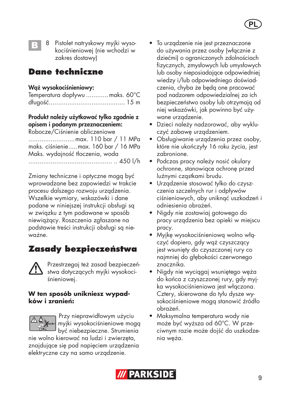 Dane techniczne, Zasady bezpieczeństwa | Parkside Pipe Cleaning Set User Manual | Page 9 / 38