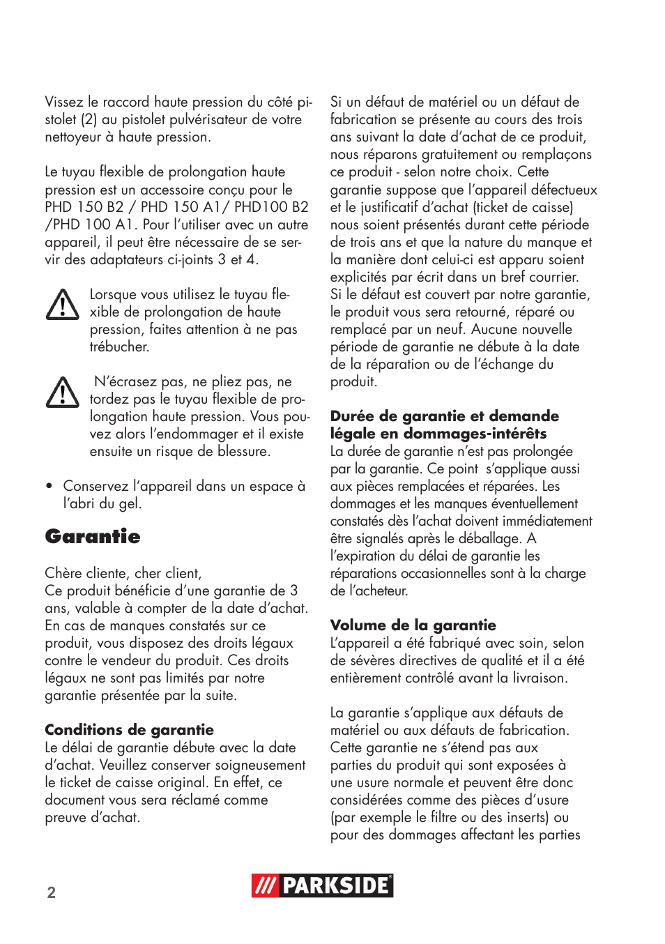 Garantie | Parkside High-Pressure Extension Hose User Manual | Page 2 / 12