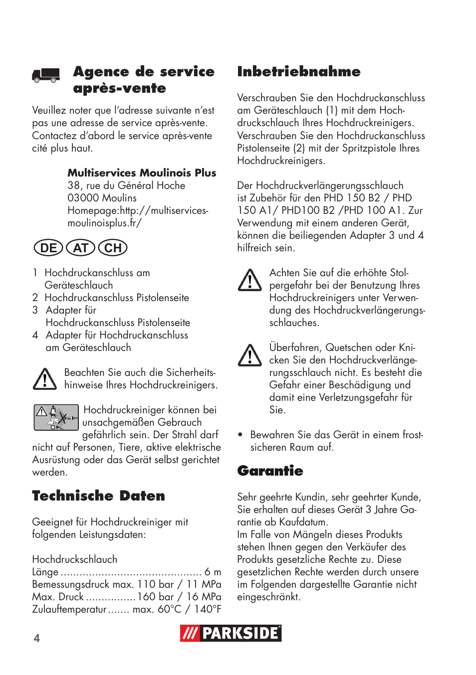 Agence de service après-vente, Technische daten, Inbetriebnahme | Garantie | Parkside High-Pressure Extension Hose User Manual | Page 4 / 12