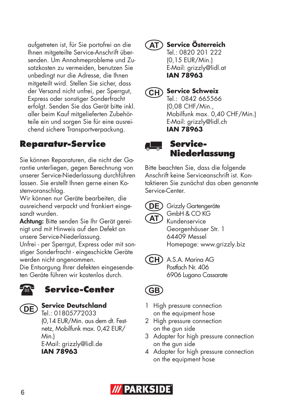 Reparatur-service, Service-center, Service- niederlassung | Parkside High-Pressure Extension Hose User Manual | Page 6 / 12