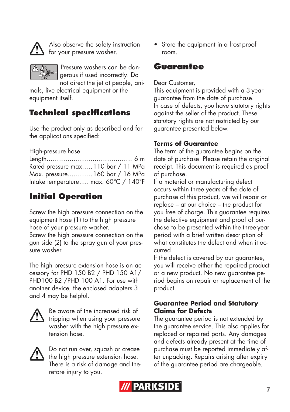 Guarantee, Technical specifications, Initial operation | Parkside High-Pressure Extension Hose User Manual | Page 7 / 12