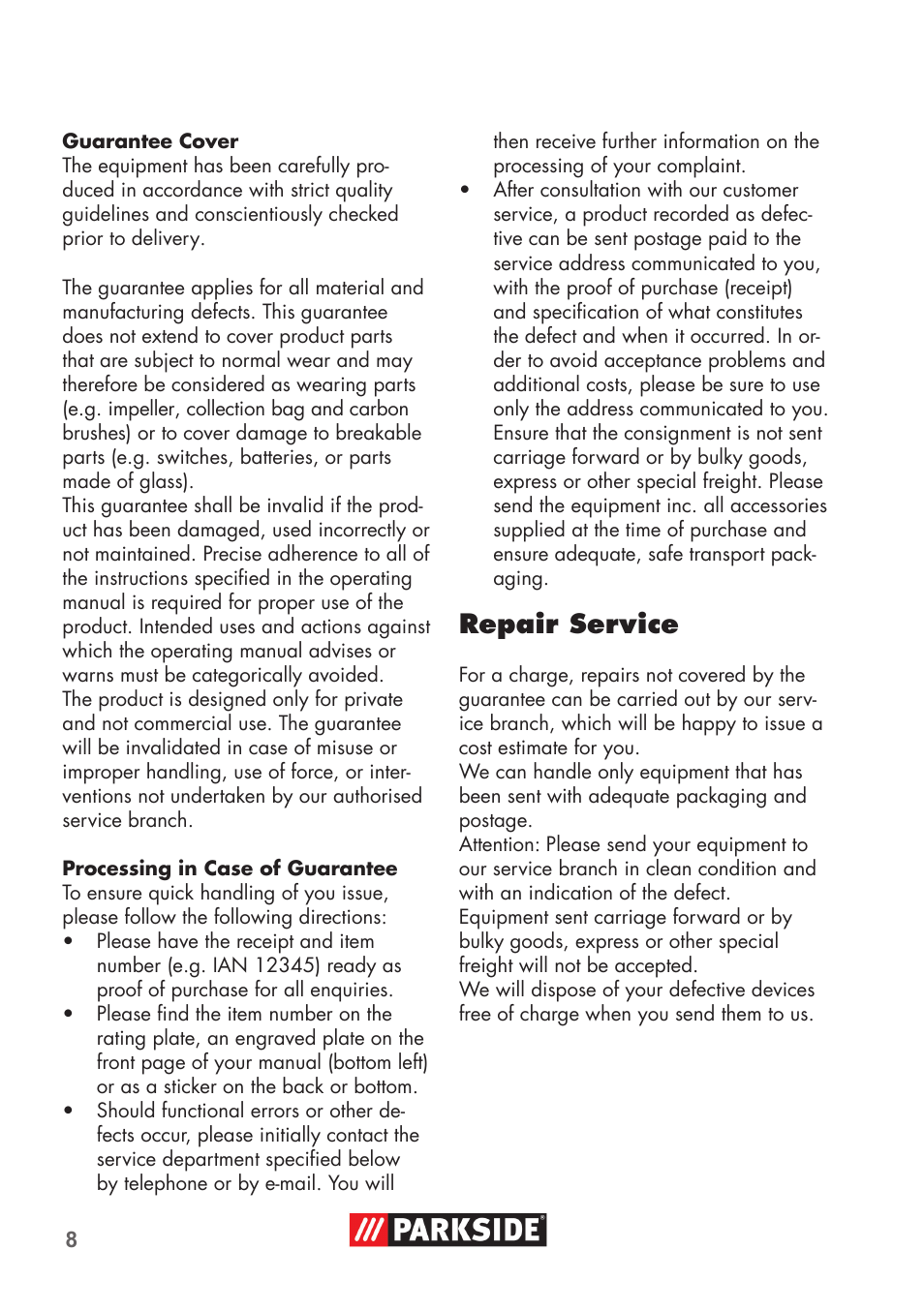 Repair service | Parkside High-Pressure Extension Hose User Manual | Page 8 / 12