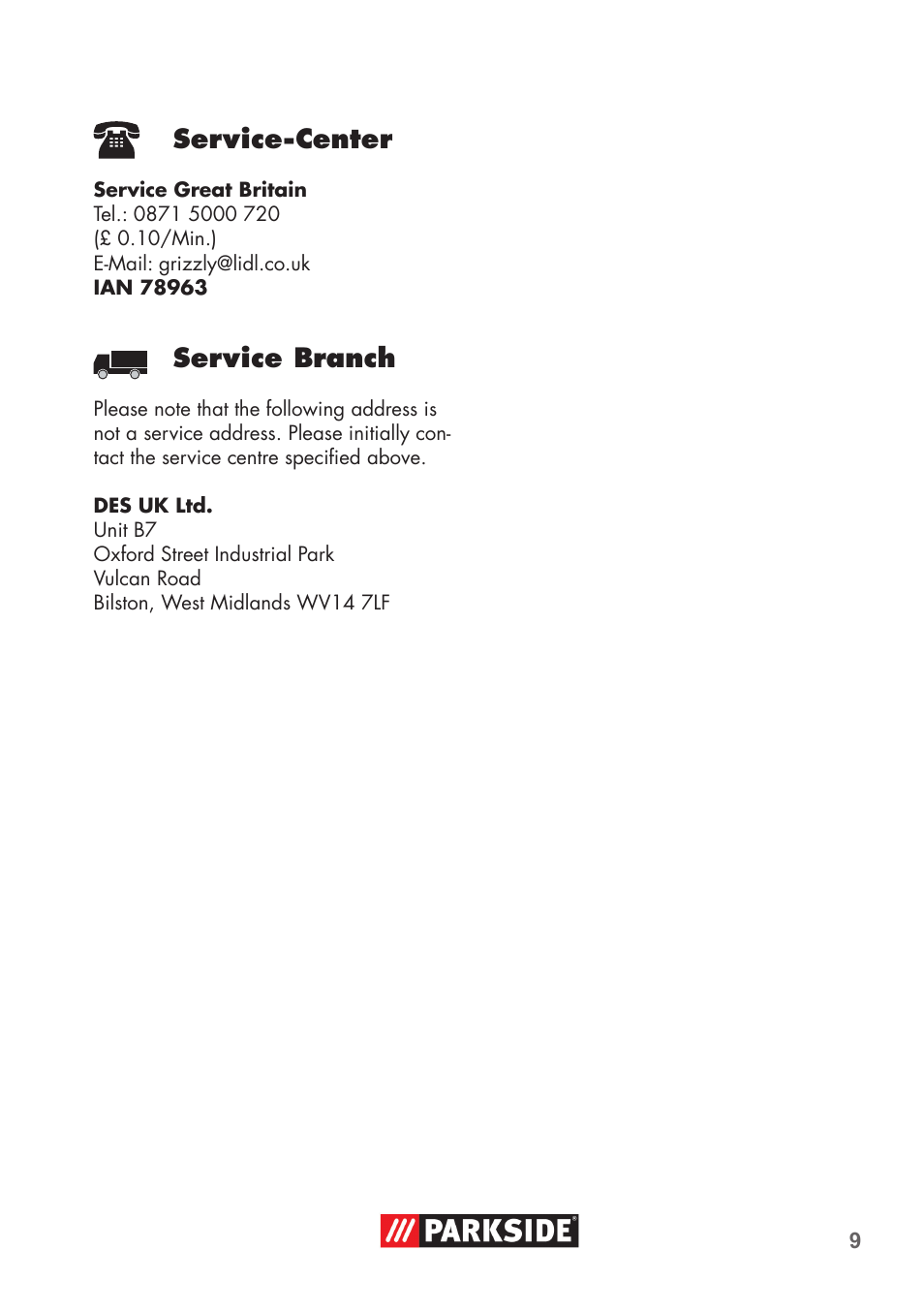 Service-center, Service branch | Parkside High-Pressure Extension Hose User Manual | Page 9 / 12