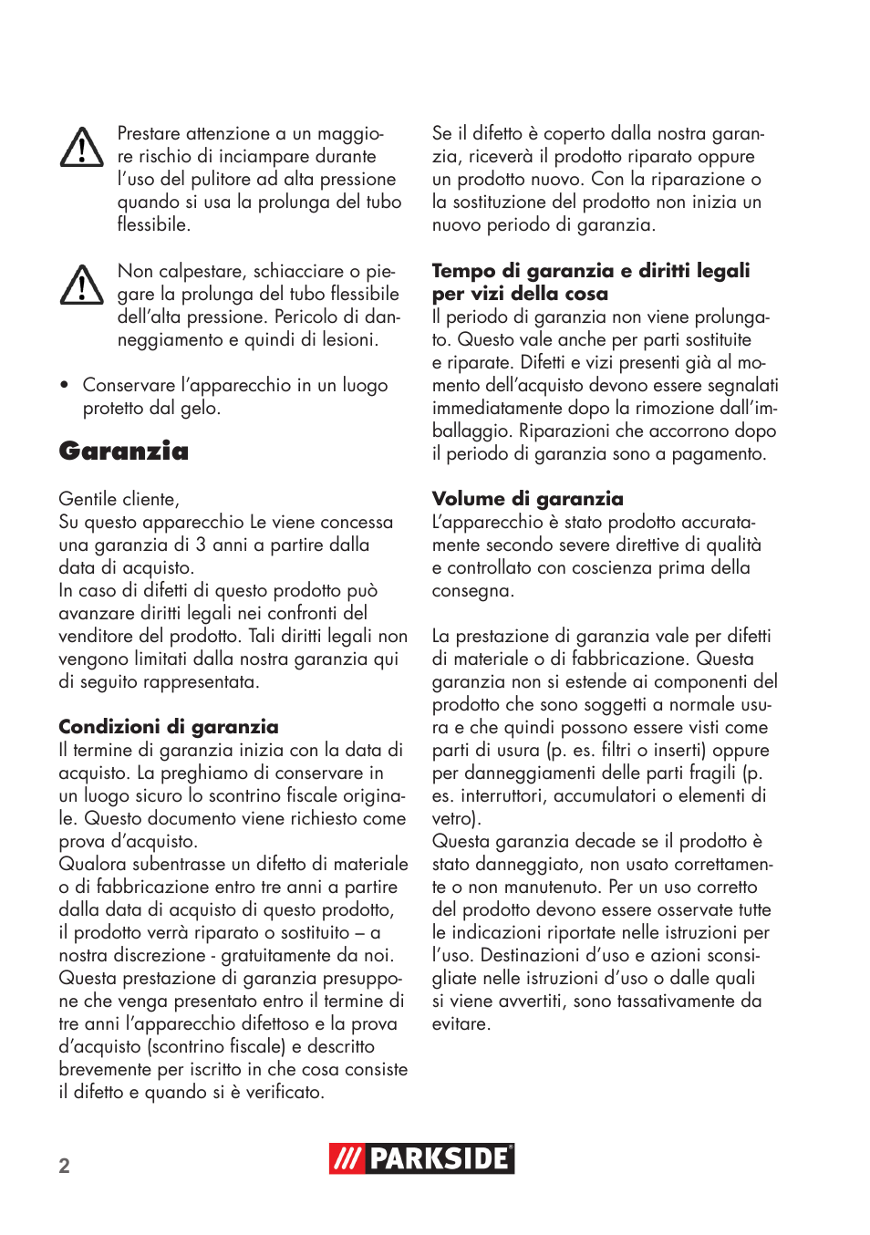 Garanzia | Parkside High-Pressure Extension Hose User Manual | Page 2 / 12