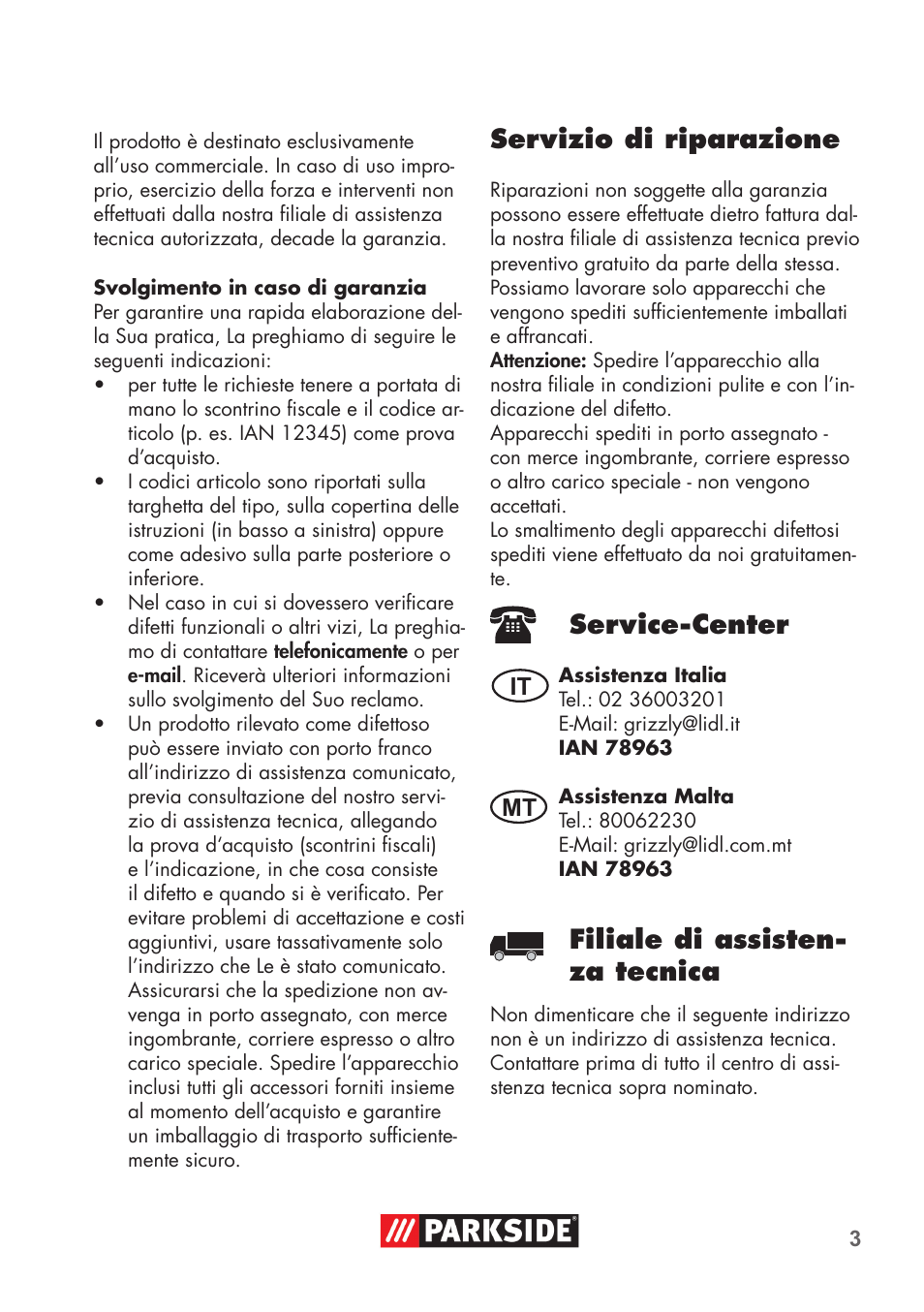 Servizio di riparazione, Service-center, Filiale di assisten- za tecnica | Parkside High-Pressure Extension Hose User Manual | Page 3 / 12