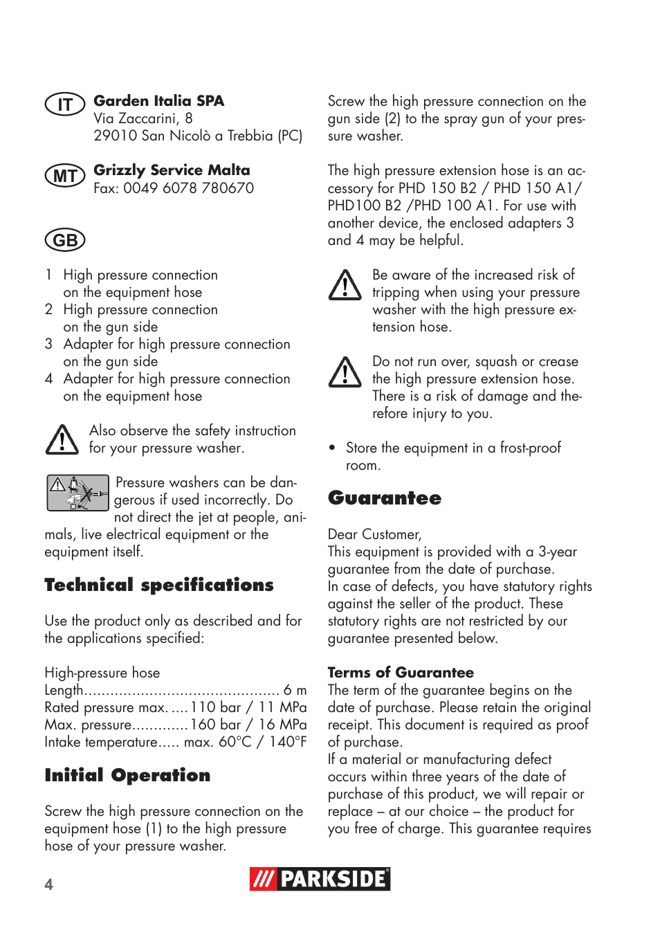 Guarantee, Technical specifications, Initial operation | Gb it mt | Parkside High-Pressure Extension Hose User Manual | Page 4 / 12