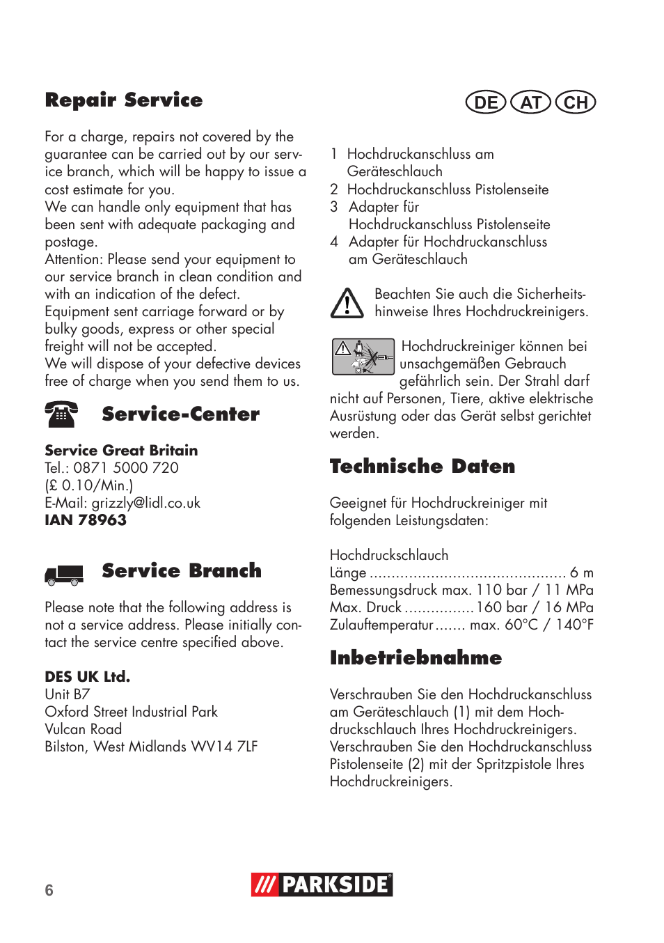 Repair service, Service-center, Service branch | Technische daten, Inbetriebnahme | Parkside High-Pressure Extension Hose User Manual | Page 6 / 12