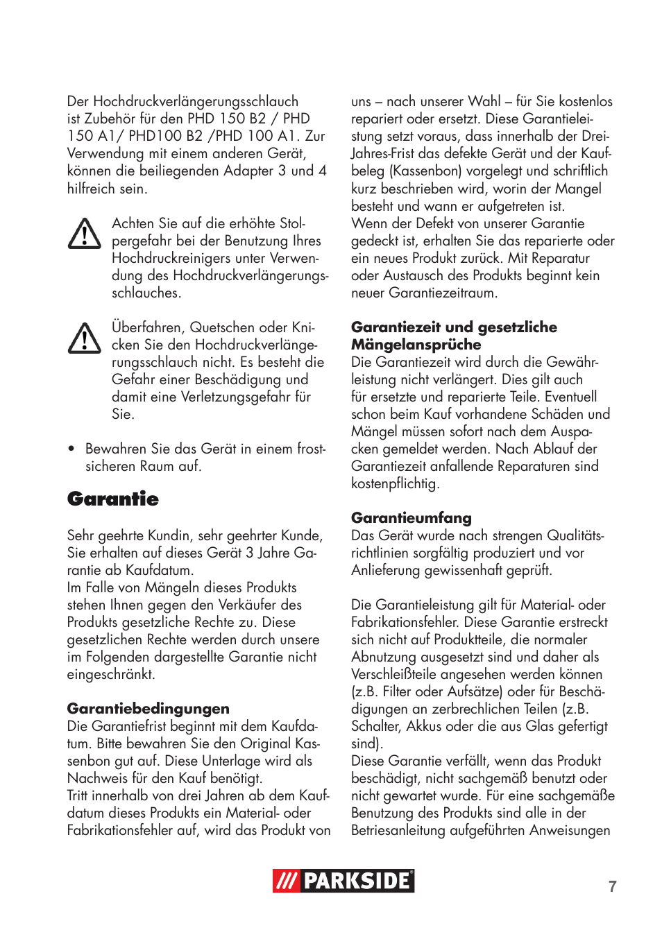 Garantie | Parkside High-Pressure Extension Hose User Manual | Page 7 / 12