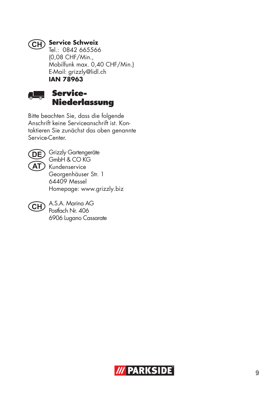 Service- niederlassung | Parkside High-Pressure Extension Hose User Manual | Page 9 / 12