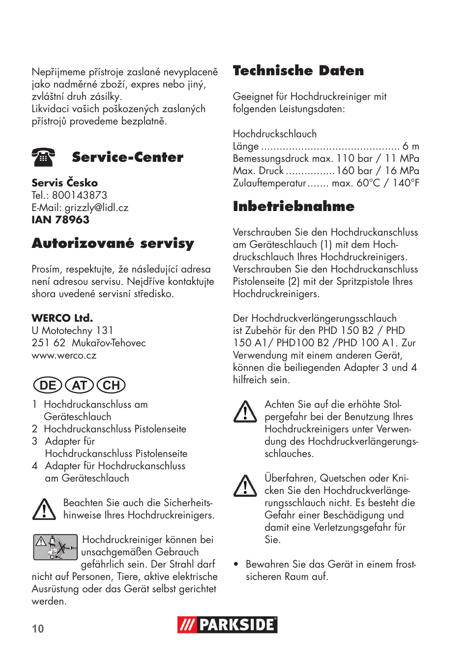 Service-center, Autorizované servisy, Technische daten | Inbetriebnahme, De at ch | Parkside High-Pressure Extension Hose User Manual | Page 10 / 12