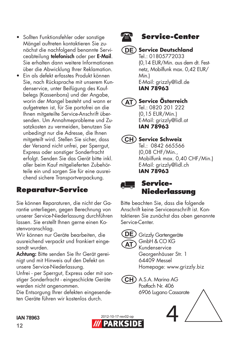 Reparatur-service, Service-center, Service- niederlassung | Parkside High-Pressure Extension Hose User Manual | Page 12 / 12