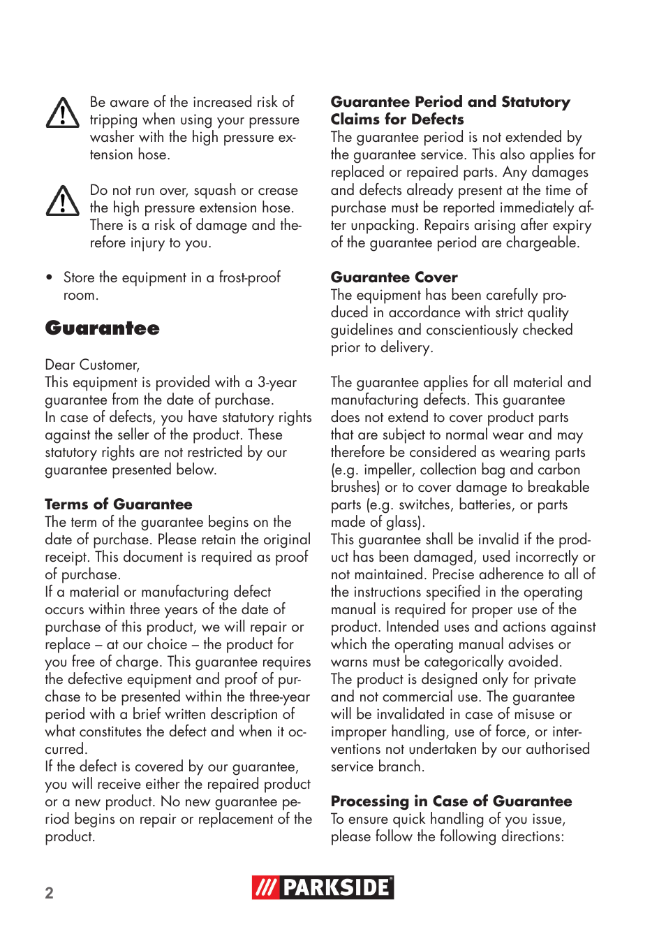 Guarantee | Parkside High-Pressure Extension Hose User Manual | Page 2 / 12